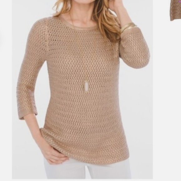 Chicos Open Knit Metallic Foil Gold 3/4 Sleeve Sweater - Women's large - Picture 1 of 8